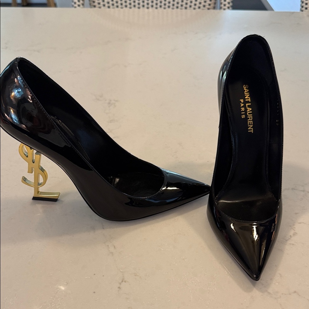 PRICE DROP!! Saint Laurent (YSL) Black Patent Leather Heels w/ Gold Logo